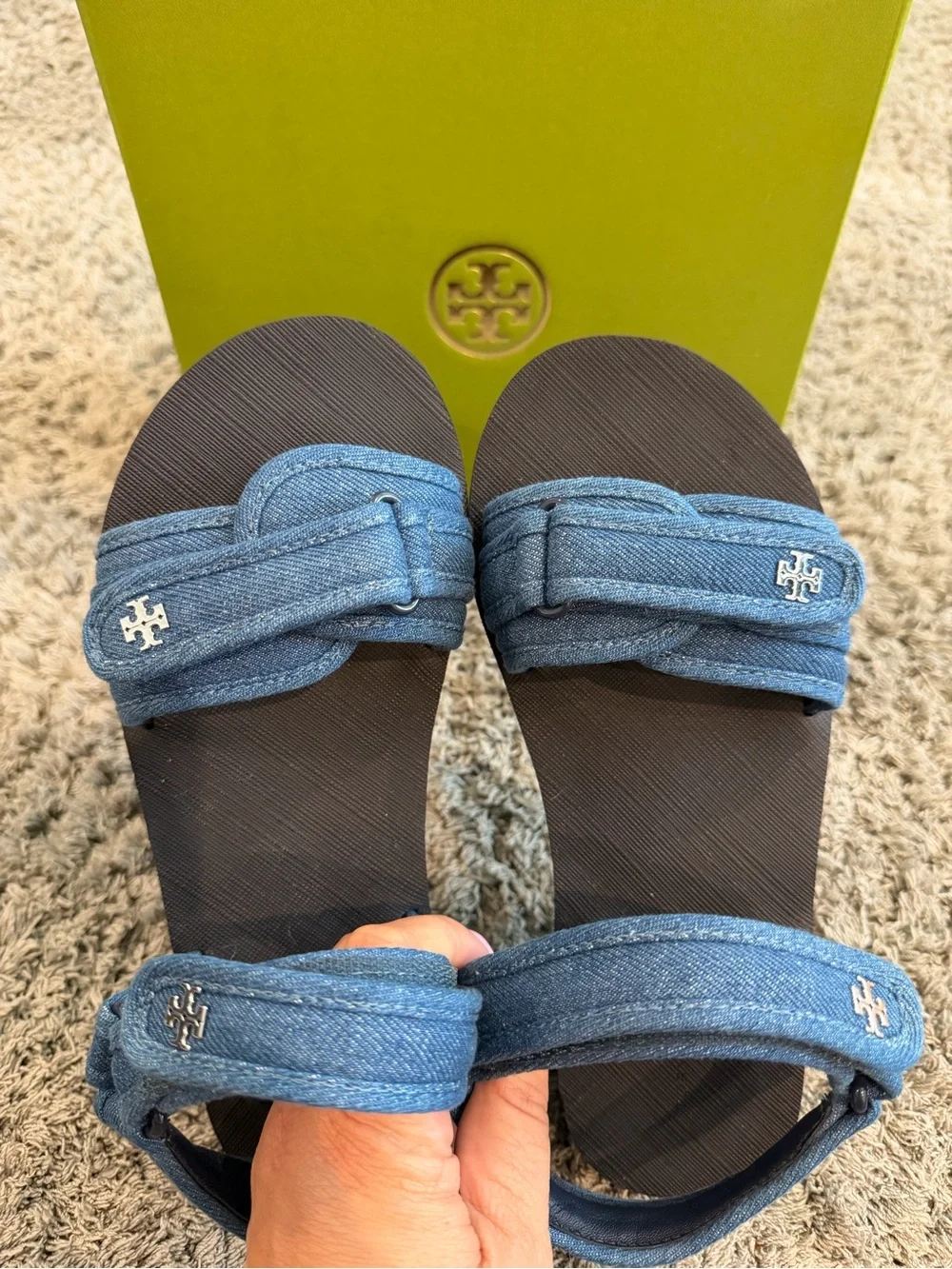 Tory Burch Denim Blue Strap Sandals with Logo Hardware